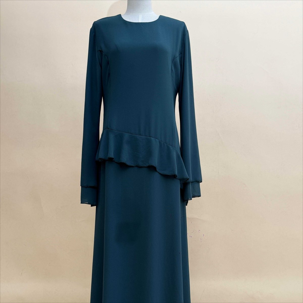 Chiffon Ruffle Gown with Tie-Back | Bell Sleeve Tiered Maxi Dress(MS227)