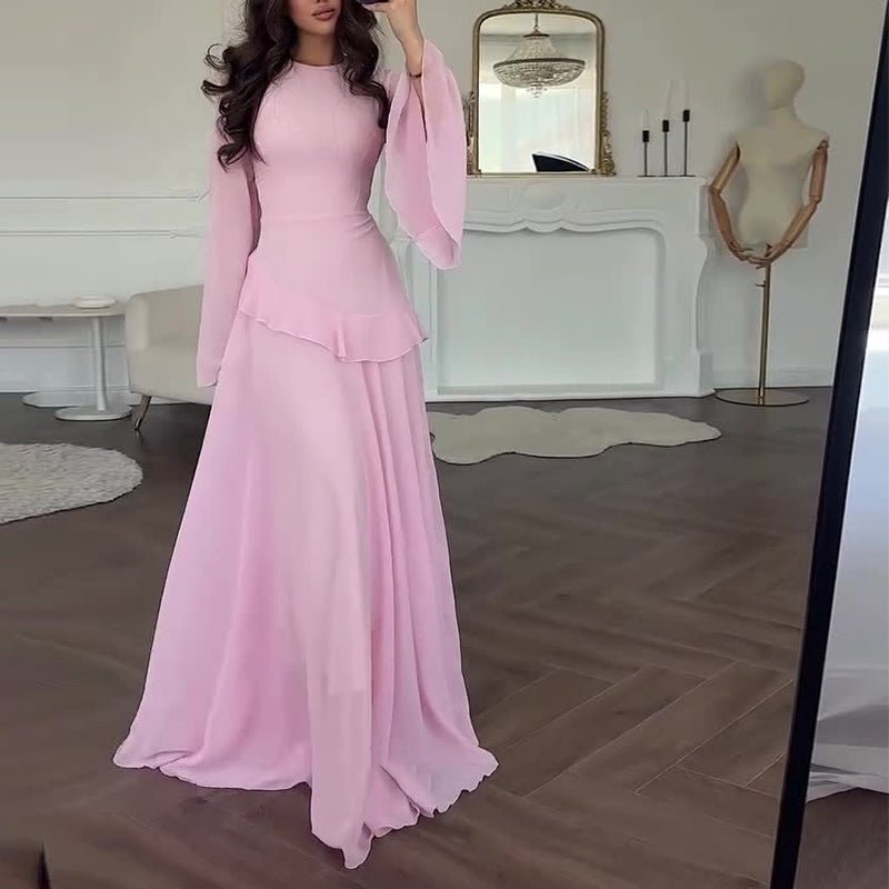 Chiffon Ruffle Gown with Tie-Back | Bell Sleeve Tiered Maxi Dress(MS227)