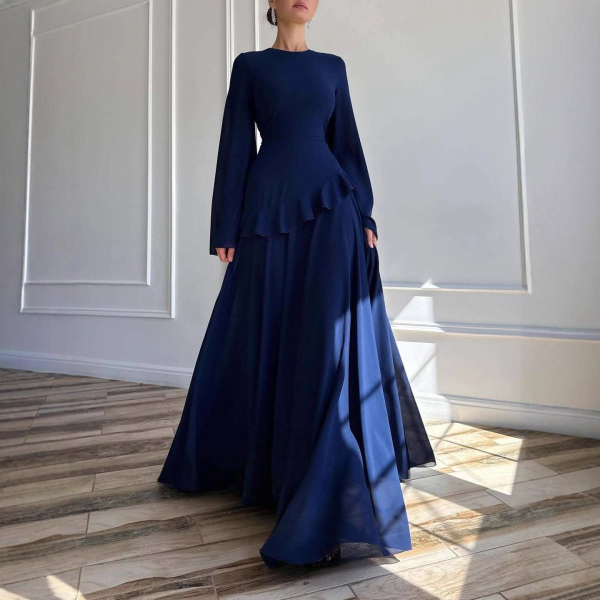 Chiffon Ruffle Gown with Tie-Back | Bell Sleeve Tiered Maxi Dress(MS227)