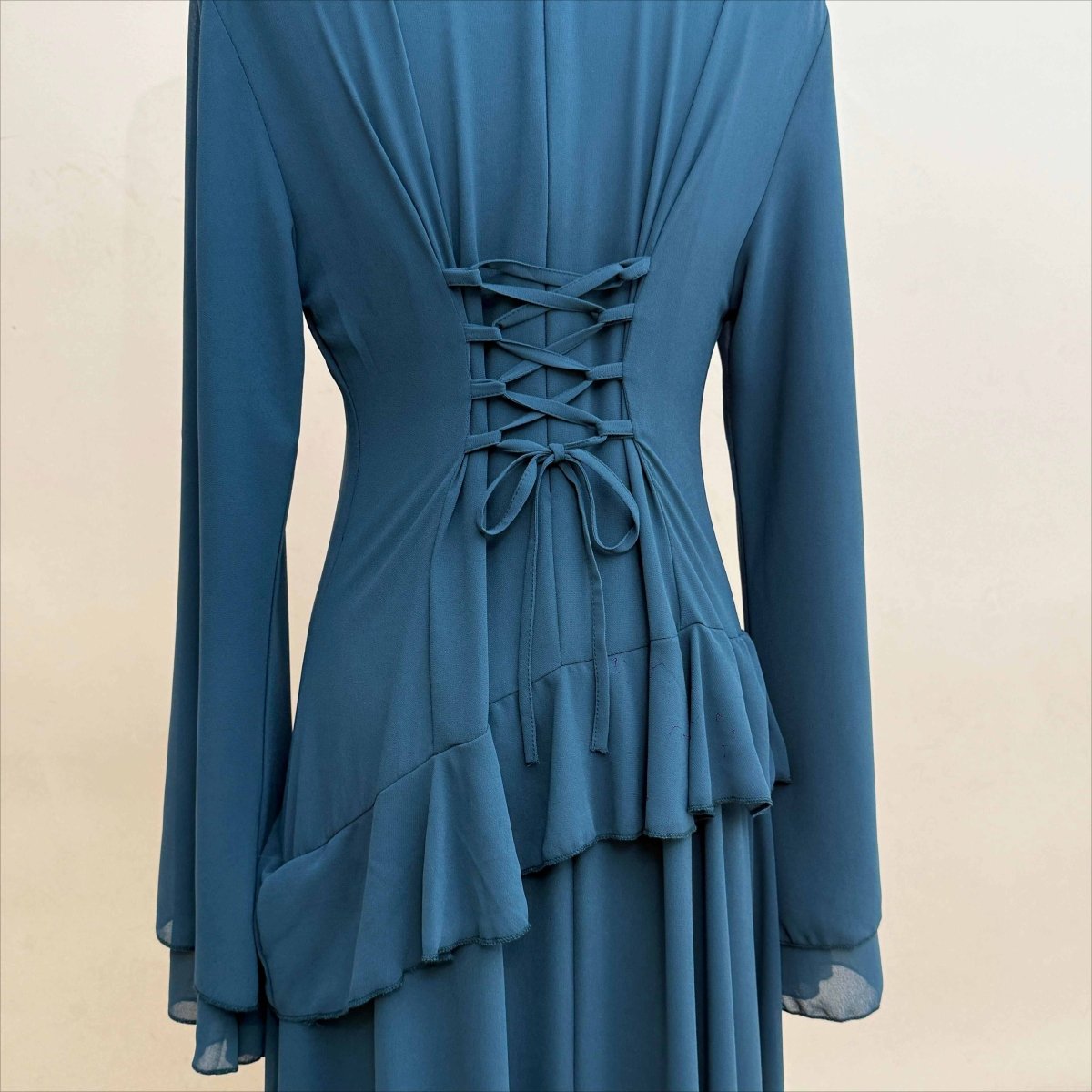 Chiffon Ruffle Gown with Tie-Back | Bell Sleeve Tiered Maxi Dress(MS227)