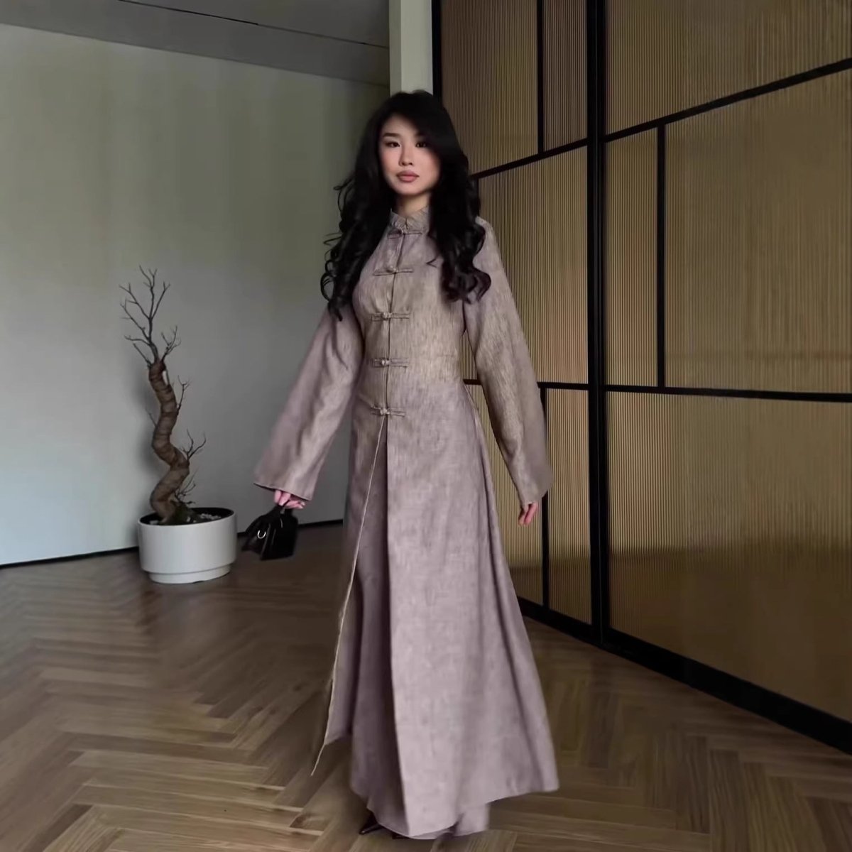Chinese Frog Button Stand Collar Top & Wide-Leg Maxi Skirt Co-ord Set(MS483)