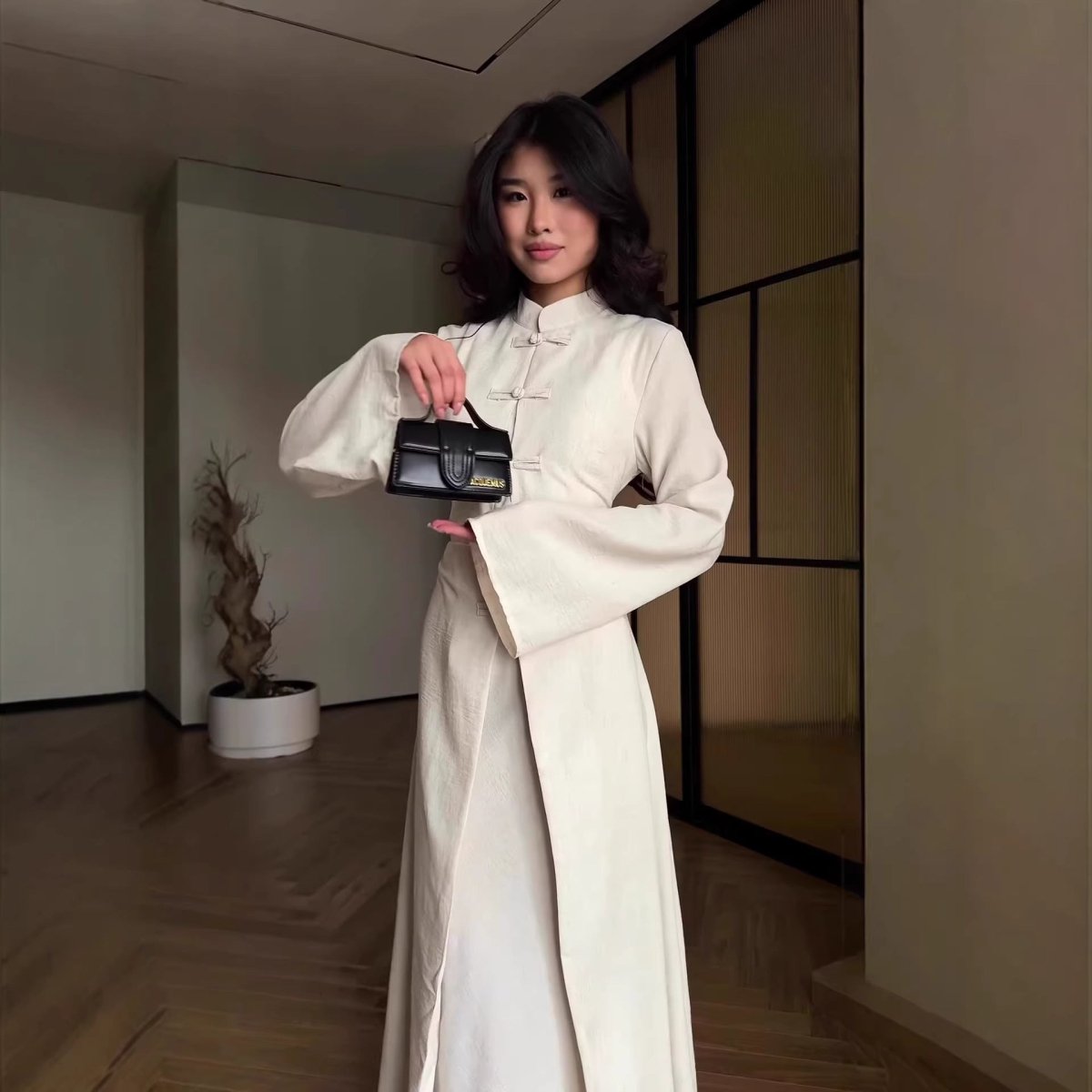 Chinese Frog Button Stand Collar Top & Wide-Leg Maxi Skirt Co-ord Set(MS483)