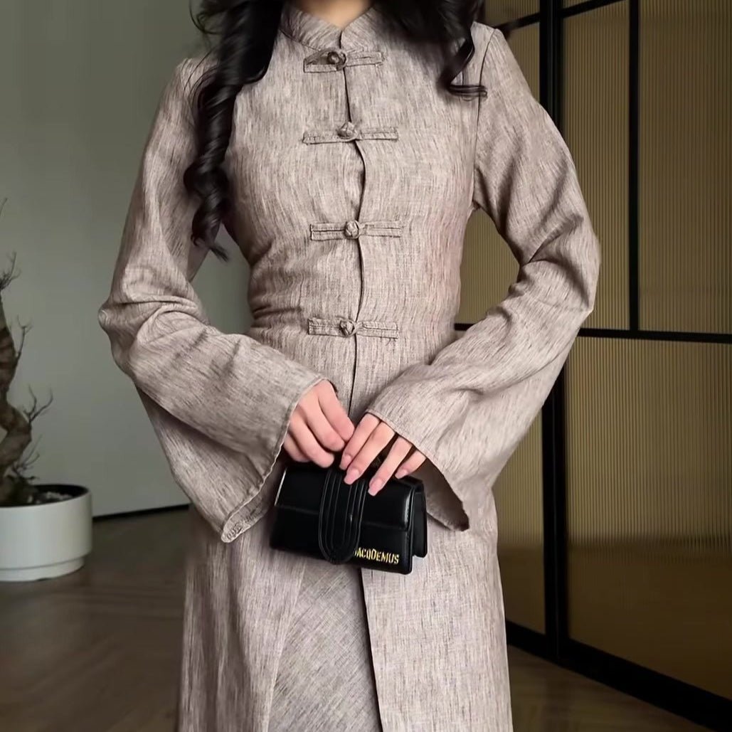 Chinese Frog Button Stand Collar Top & Wide-Leg Maxi Skirt Co-ord Set(MS483)