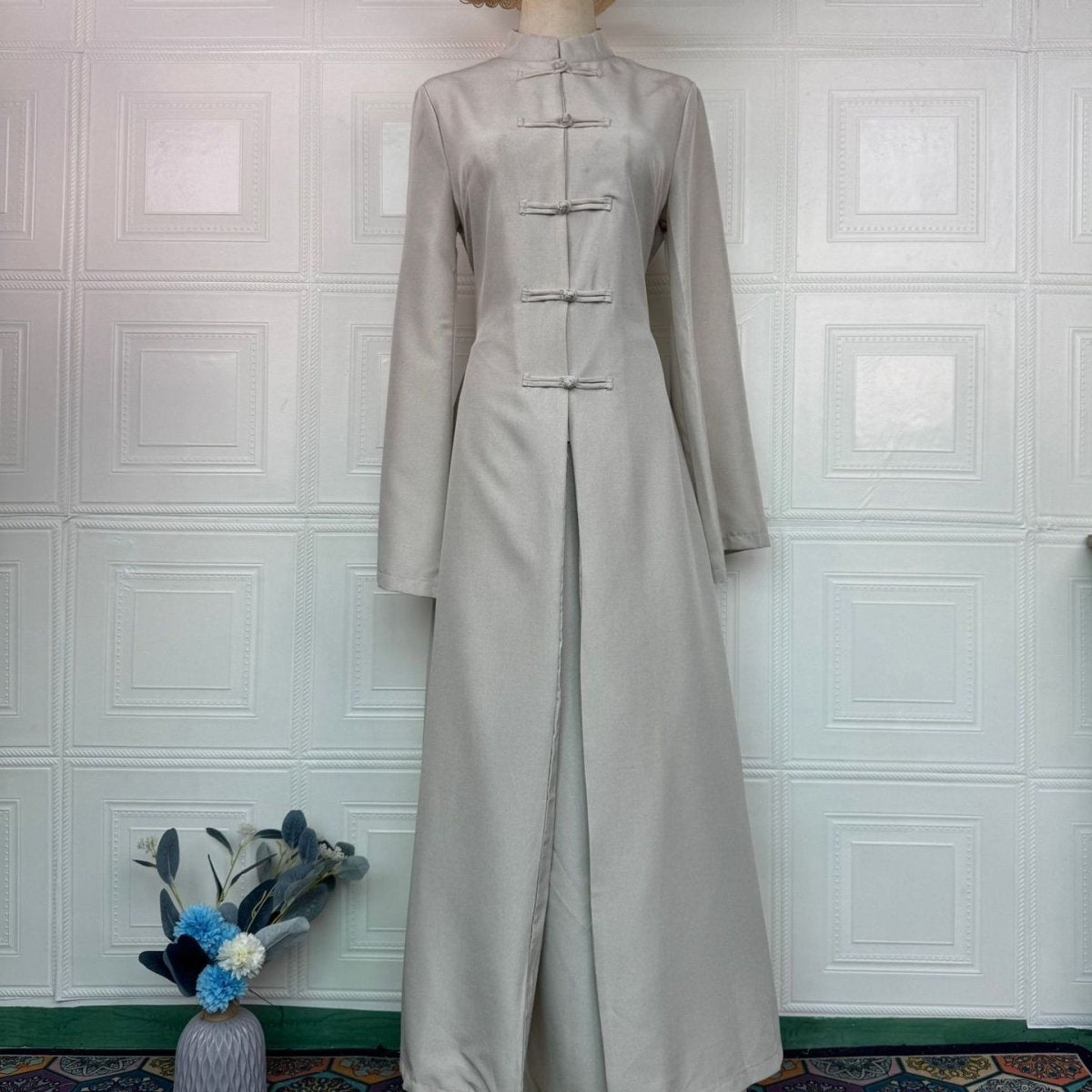Chinese Frog Button Stand Collar Top & Wide-Leg Maxi Skirt Co-ord Set(MS483)