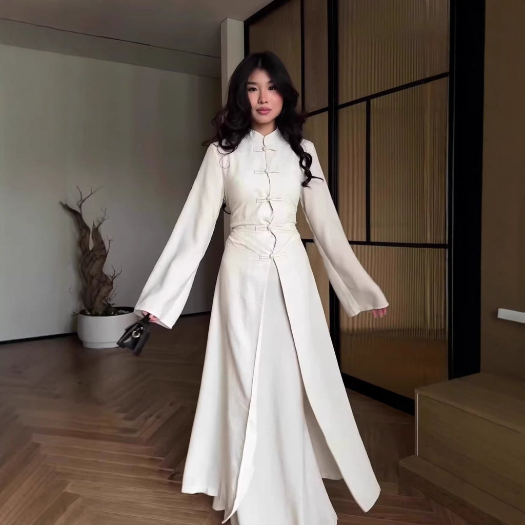 Chinese Frog Button Stand Collar Top & Wide-Leg Maxi Skirt Co-ord Set(MS483)