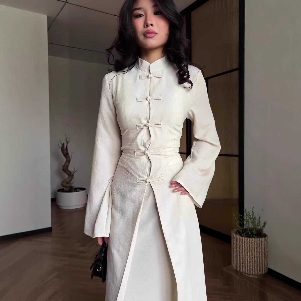 Chinese Frog Button Stand Collar Top & Wide-Leg Maxi Skirt Co-ord Set(MS483)