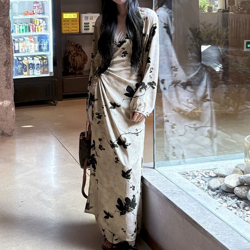 Chinese Style Jacquard & Print Maxi Wrap Dress(MS424)