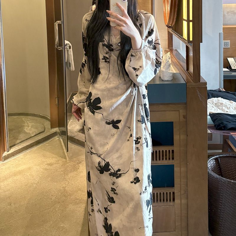 Chinese Style Jacquard & Print Maxi Wrap Dress(MS424)