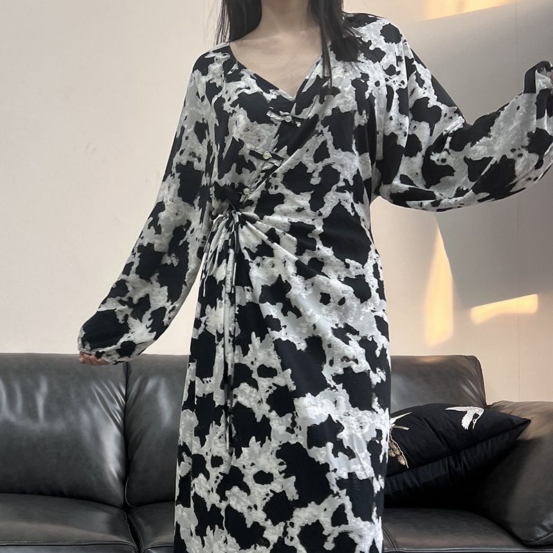 Chinese Style Jacquard & Print Maxi Wrap Dress(MS424)