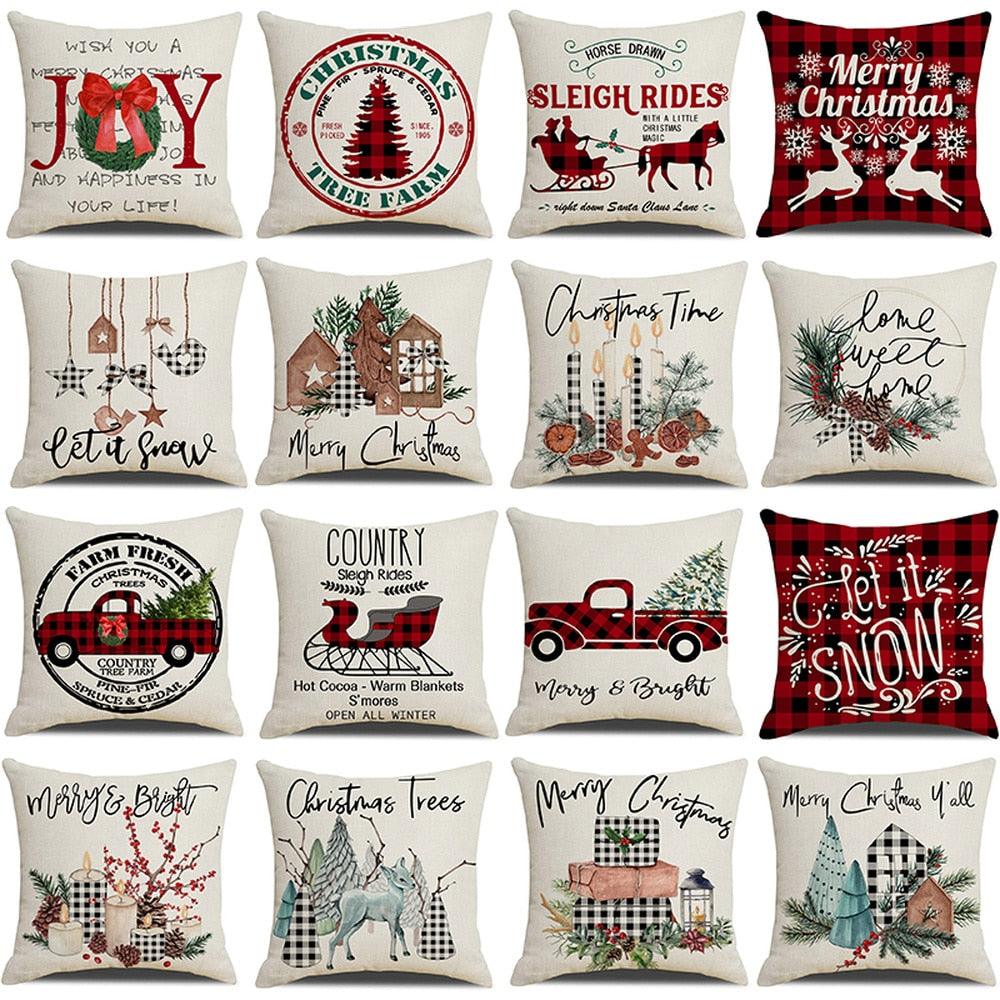 Christmas Decoration Cushion Cover  Decorative Throw Pillow Cover Christmas Decor Xmas Winter Decorations Holiday Pillows Cushion Case Candle Pine Tree Deer Sleigh Printed Pillow Cover Xmas 45X45CM