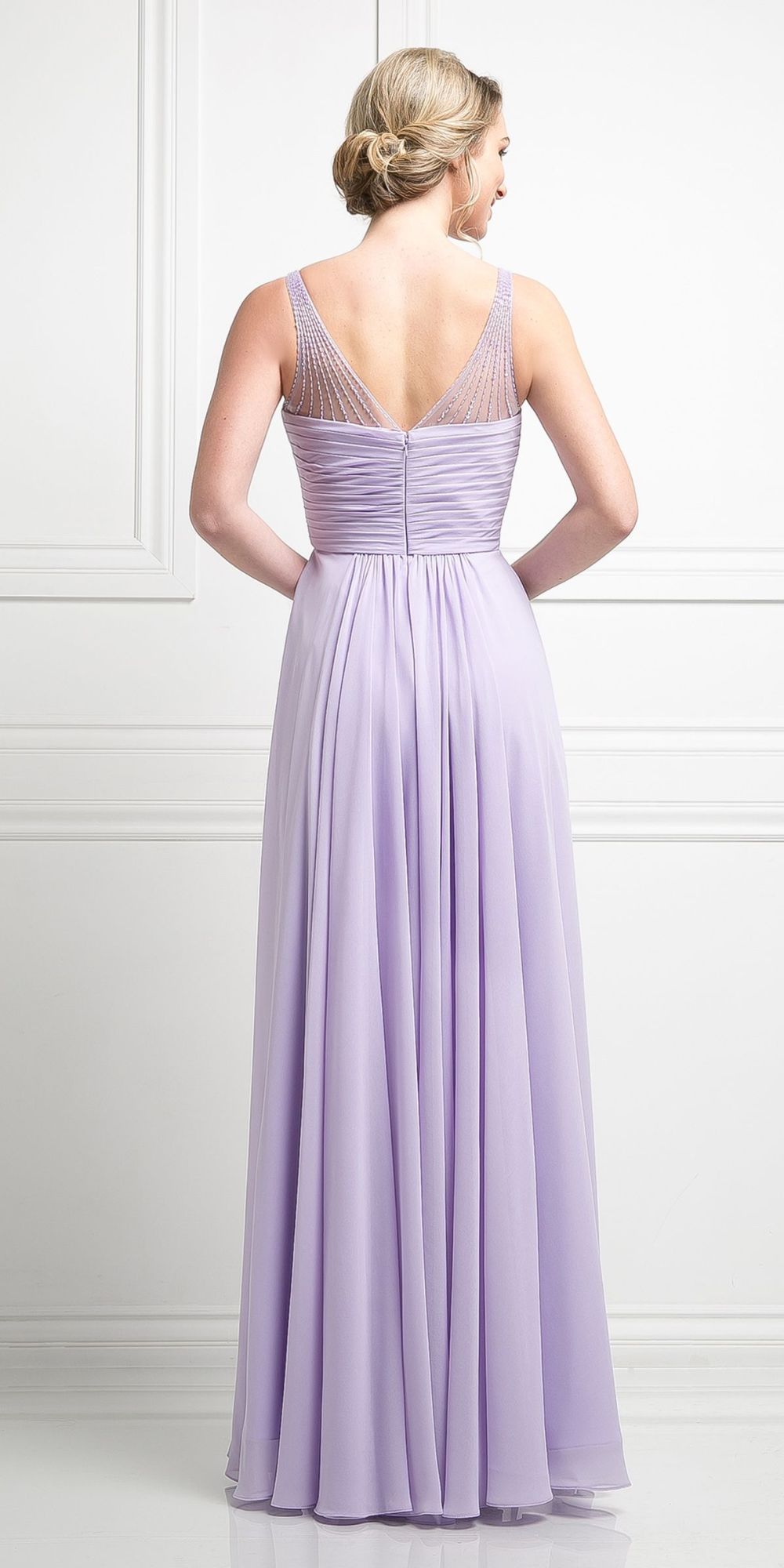 CLEARANCE - Ladivine CJ214 Long Chiffon Dress V-Neck Pleated Bodice (Size 4)