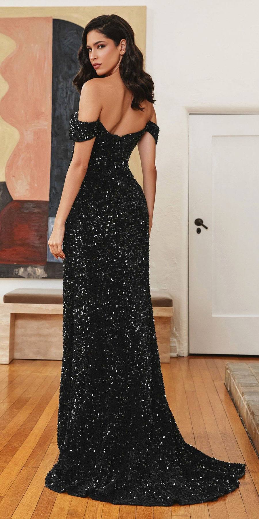 Ladivine CL03 Floor Length Off Shoulder Velvet Fitted Sequin Gown
