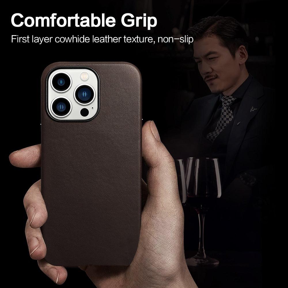 Classic Simple Brown Black Shockproof Drop Proof Phone Case Protective Genuine Leather Case for iPhone 13 Pro Max Business Case for iPhone 13 Mini Classic Magnetic Charging Phone Back Cover