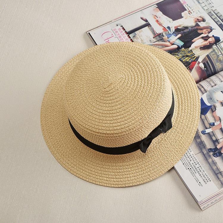 Classic Simple Female Hat For Summer Beach Hat Casual Lady Summer Solid Color Straw Hat Women Elegant Hat Traveling Hats UV Protection Sun Cap Women Flat Bowknot Design Cute Cap Girls Hat 56-58cm