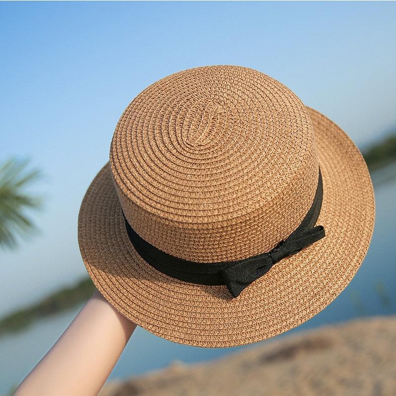 Classic Simple Female Hat For Summer Beach Hat Casual Lady Summer Solid Color Straw Hat Women Elegant Hat Traveling Hats UV Protection Sun Cap Women Flat Bowknot Design Cute Cap Girls Hat 56-58cm