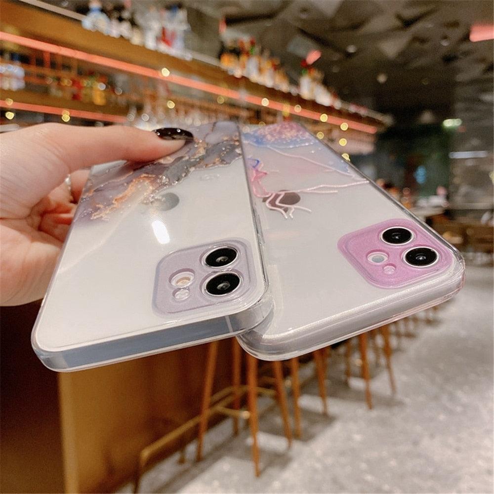 Clear Watercolor Marble Texture Phone Case For iPhone 11 Pro Max 11 Mini X XR XS Max 7 8 6s Plus Soft Back Cover Gold-Plated Silicone Mobile Phone Case Bumper Scratch-Resistant Protective Case