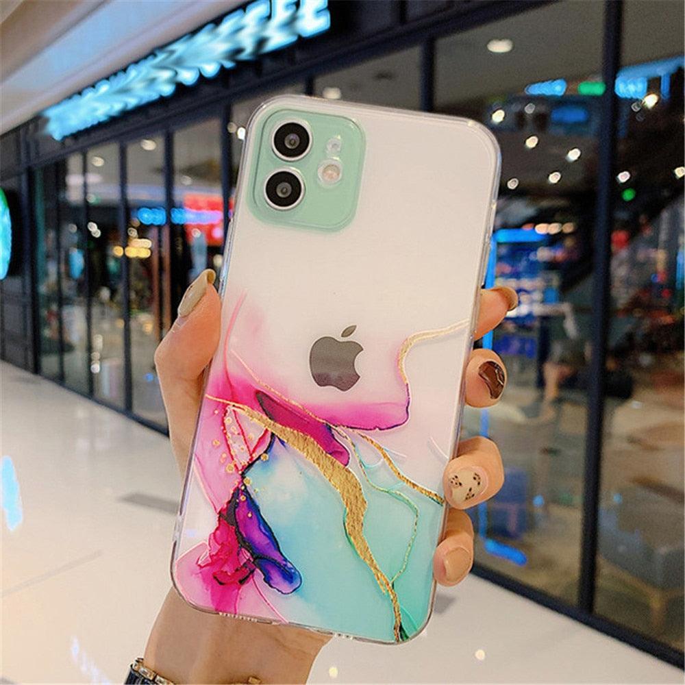 Clear Watercolor Marble Texture Phone Case For iPhone 11 Pro Max 11 Mini X XR XS Max 7 8 6s Plus Soft Back Cover Gold-Plated Silicone Mobile Phone Case Bumper Scratch-Resistant Protective Case