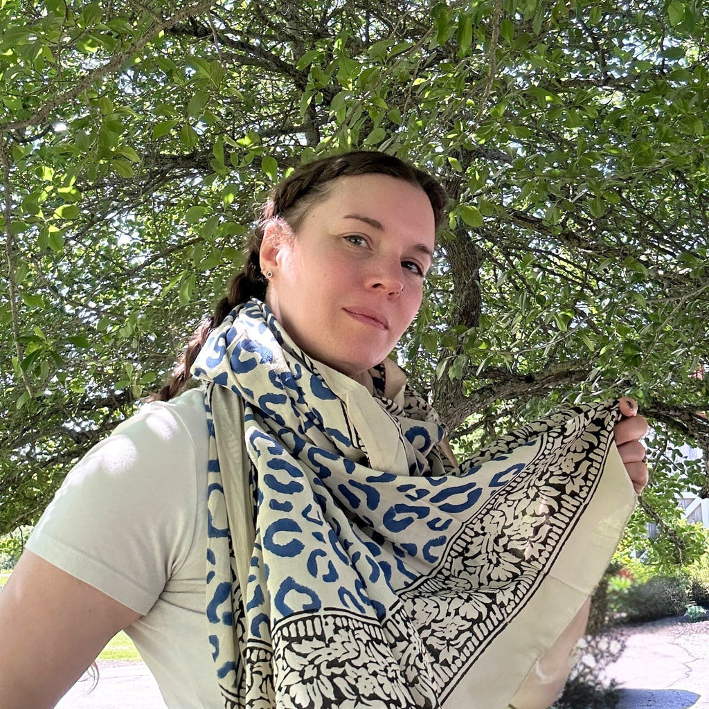 Wild Indigo Bloom – Hand Block Print Cotton Scarf, Oversized Boho Wrap & Lightweight Sarong
