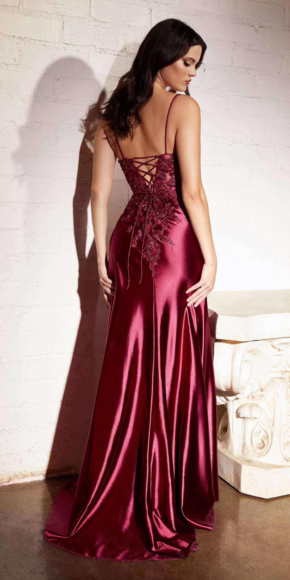 Ladivine CM318 Lace & Satin Dress with Leg Slit