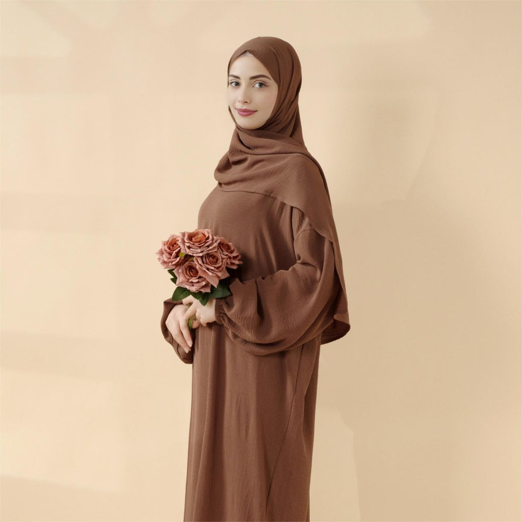 Cocoon-Cut Crepe Abaya Perfect For Umrah With One-Piece Hijab Attached (MA143)