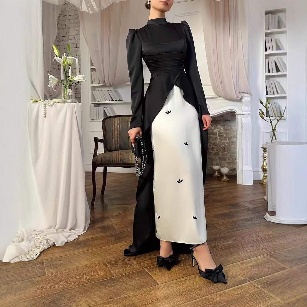 Colorblock Satin Evening Gown with Train(MA351)