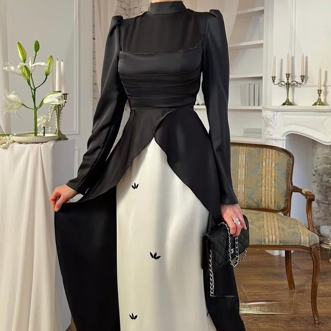 Colorblock Satin Evening Gown with Train(MA351)