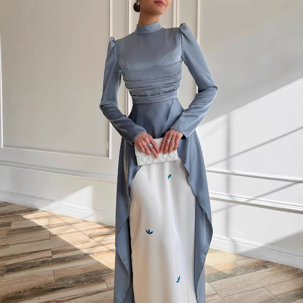 Colorblock Satin Evening Gown with Train(MA351)