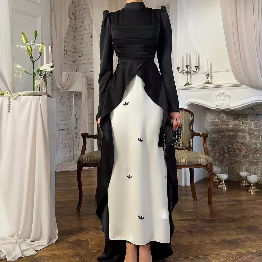 Colorblock Satin Evening Gown with Train(MA351)
