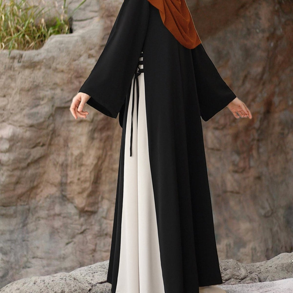Colorblock Side-Tie Abaya | Two-Tone Round Neck Maxi Dress Abaya (MA362)