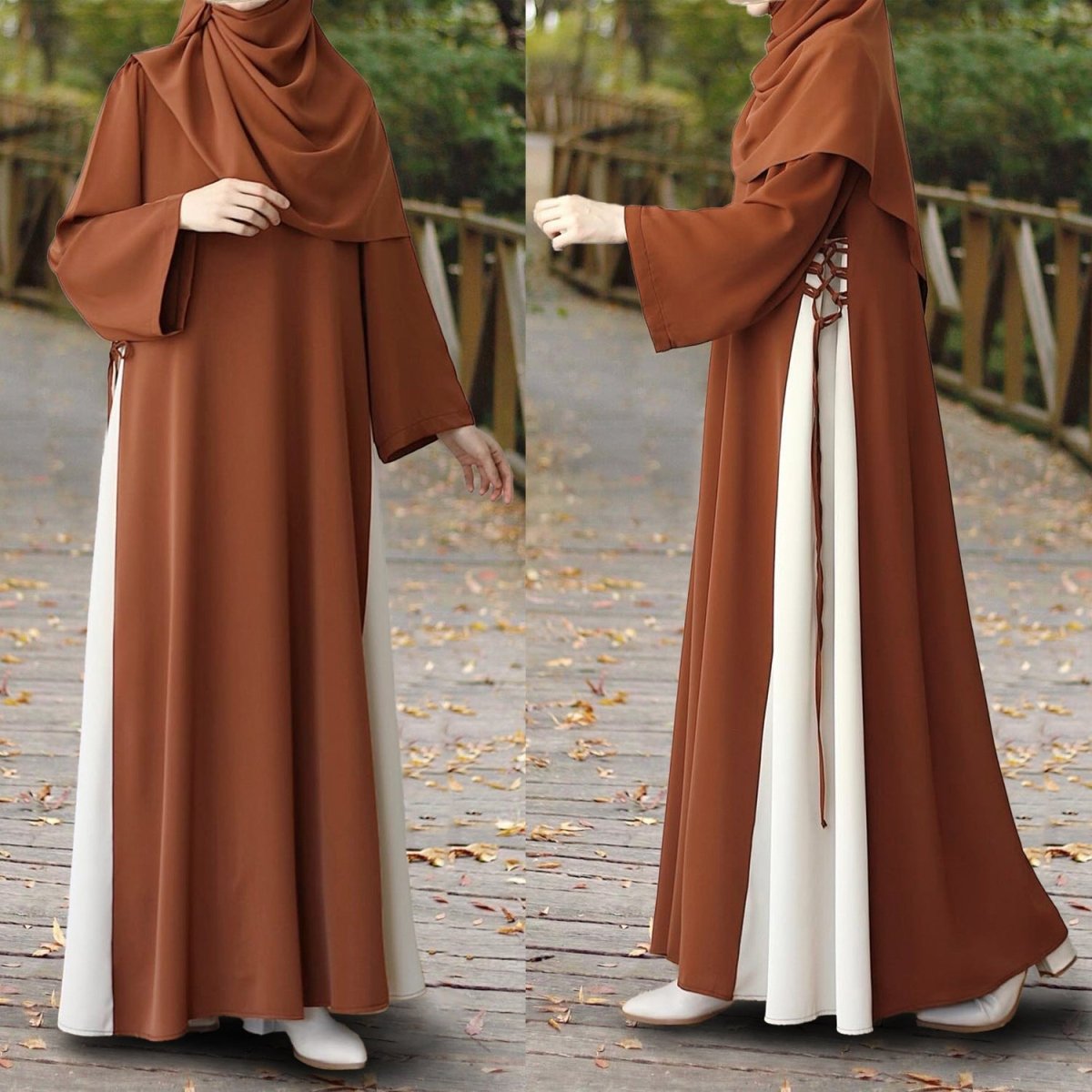 Colorblock Side-Tie Abaya | Two-Tone Round Neck Maxi Dress Abaya (MA362)
