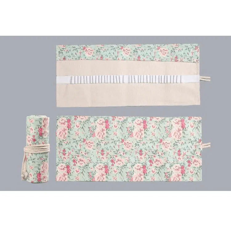 Colorful Roll Up Pencil Case Canvas Flowers Style Colored Pencils Wrap Multi-Purpose Pen Holder Cute Case