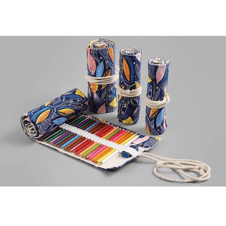 Colorful Roll Up Pencil Case Canvas Flowers Style Colored Pencils Wrap Multi-Purpose Pen Holder Cute Case