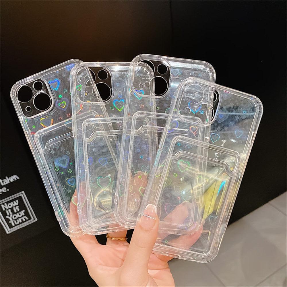 Colorful Transparent Holographic Love Heart Cute Case Transparent Gradient Love Heart Pattern Wallet Card Phone Case For iPhone 13 12 11 Pro Max X XR XS 7 8 6 Plus Minimalist Design Phone Case