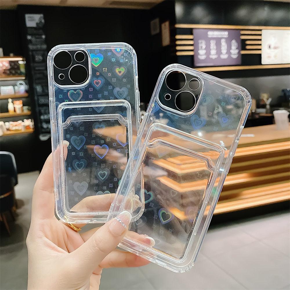 Colorful Transparent Holographic Love Heart Cute Case Transparent Gradient Love Heart Pattern Wallet Card Phone Case For iPhone 13 12 11 Pro Max X XR XS 7 8 6 Plus Minimalist Design Phone Case