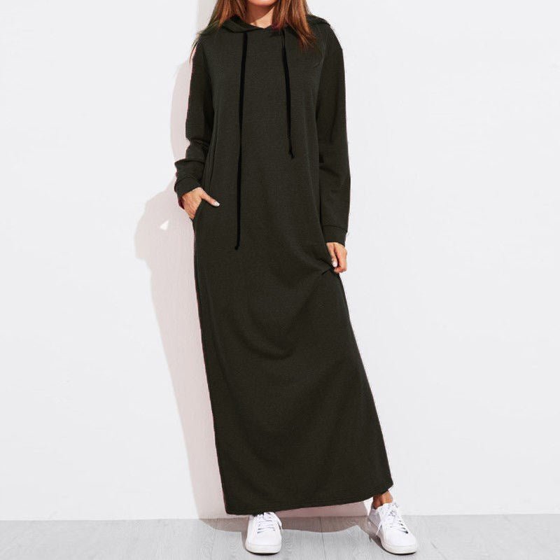 Comfortable Hooded Maxi Dress with Drawstring | Long Sleeve Polyvinyl Alcohol Fiber Dress with Pockets(MS119)