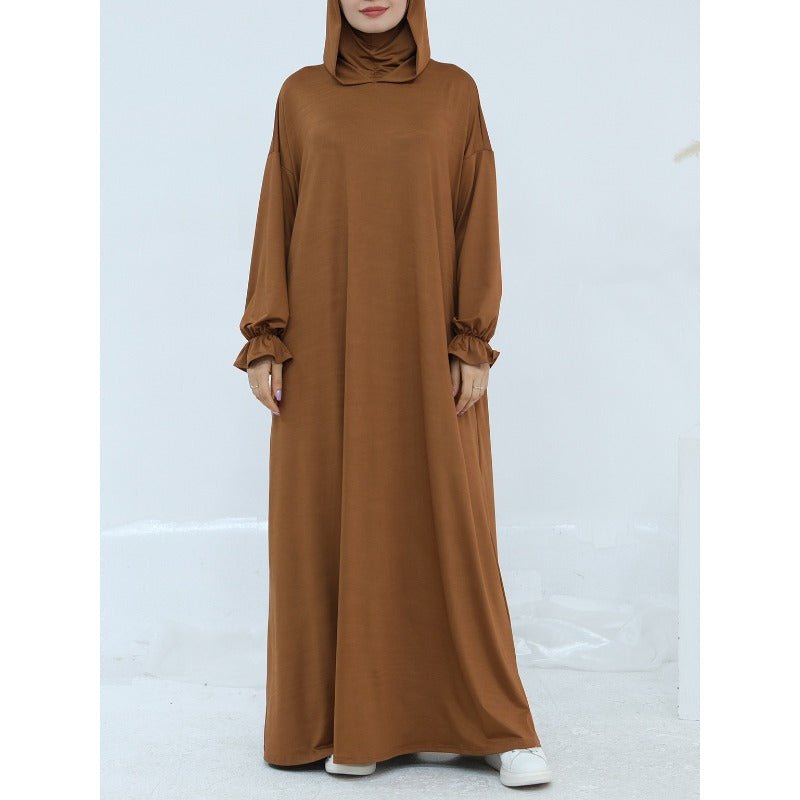 Comfortable Milk Silk Hooded Maxi Dress with Pockets | Elastic Cuff Long Sleeve Dress(MA321)