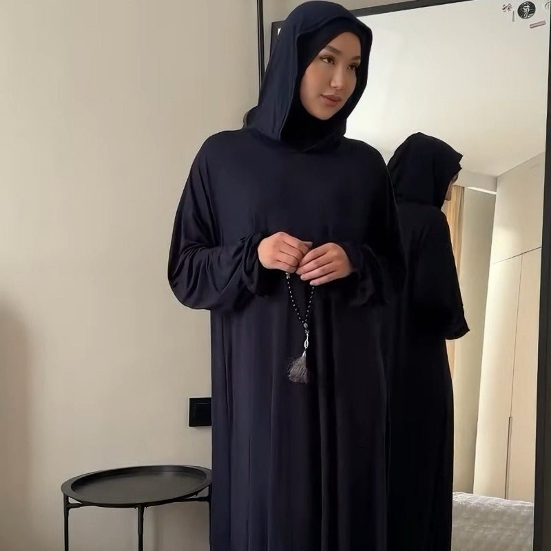 Comfortable Milk Silk Hooded Maxi Dress with Pockets | Elastic Cuff Long Sleeve Dress(MA321)