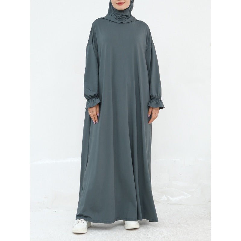 Comfortable Milk Silk Hooded Maxi Dress with Pockets | Elastic Cuff Long Sleeve Dress(MA321)