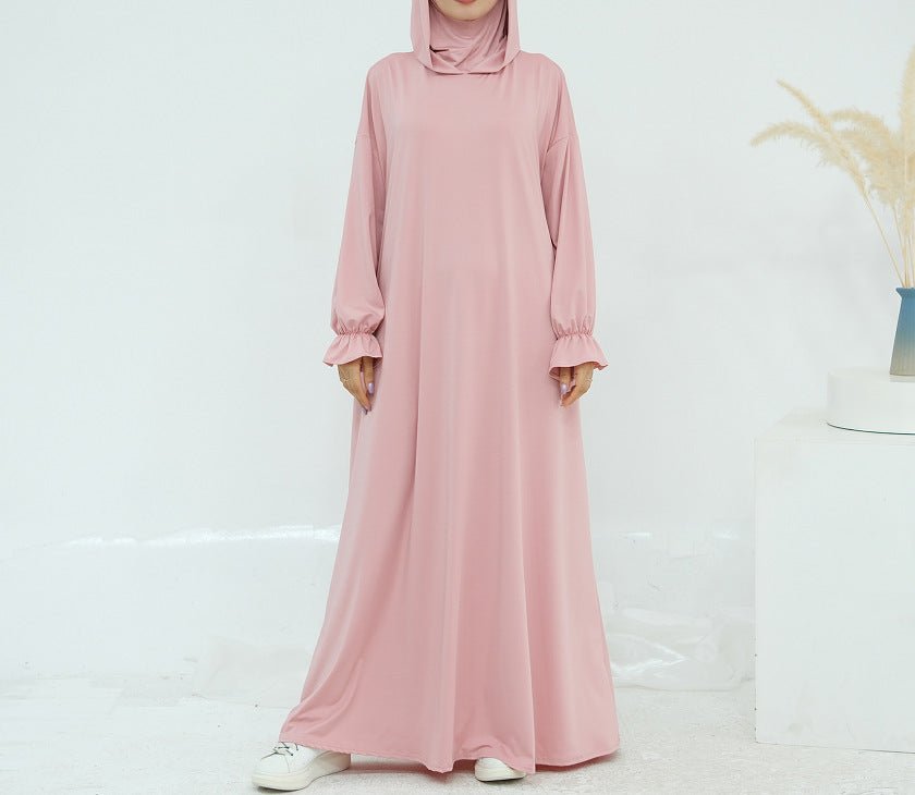 Comfortable Milk Silk Hooded Maxi Dress with Pockets | Elastic Cuff Long Sleeve Dress(MA321)