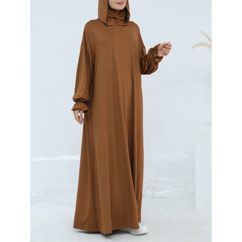 Comfortable Milk Silk Hooded Maxi Dress with Pockets | Elastic Cuff Long Sleeve Dress(MA321)