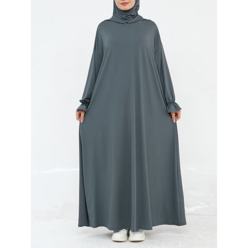 Comfortable Milk Silk Hooded Maxi Dress with Pockets | Elastic Cuff Long Sleeve Dress(MA321)