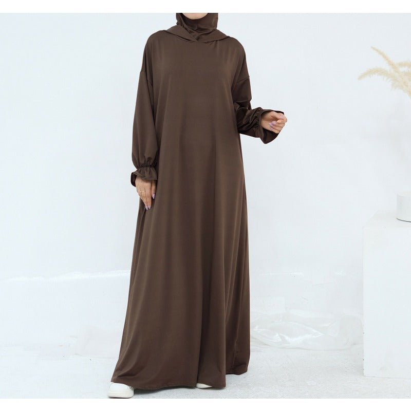 Comfortable Milk Silk Hooded Maxi Dress with Pockets | Elastic Cuff Long Sleeve Dress(MA321)