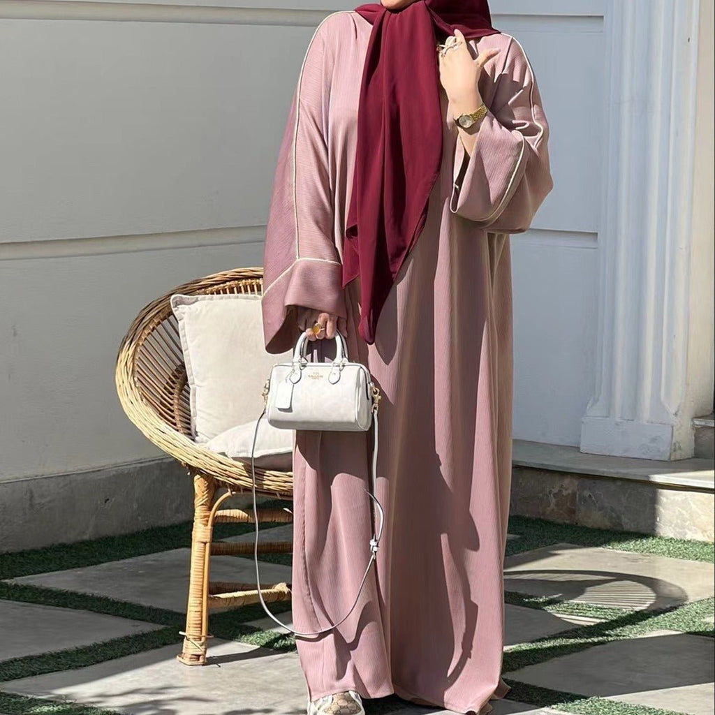 Contrast Colour Trimmed Robe - Modest Casual Dress with Flared Sleeves(MA280)