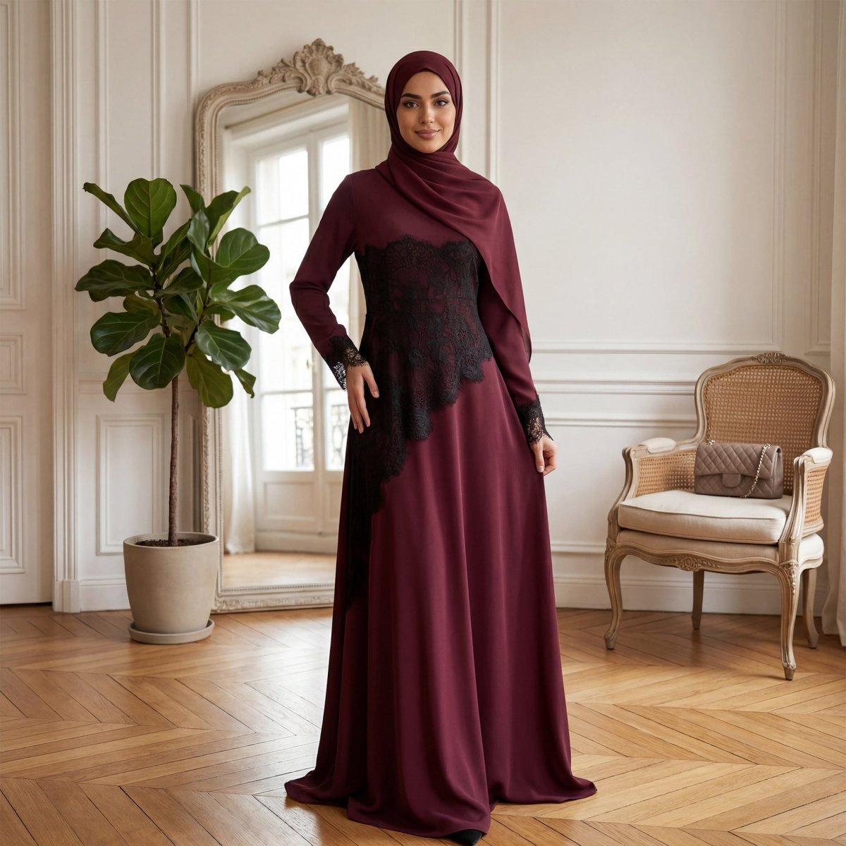 Contrast Lace Waist Panel Maxi Dress(MS409)