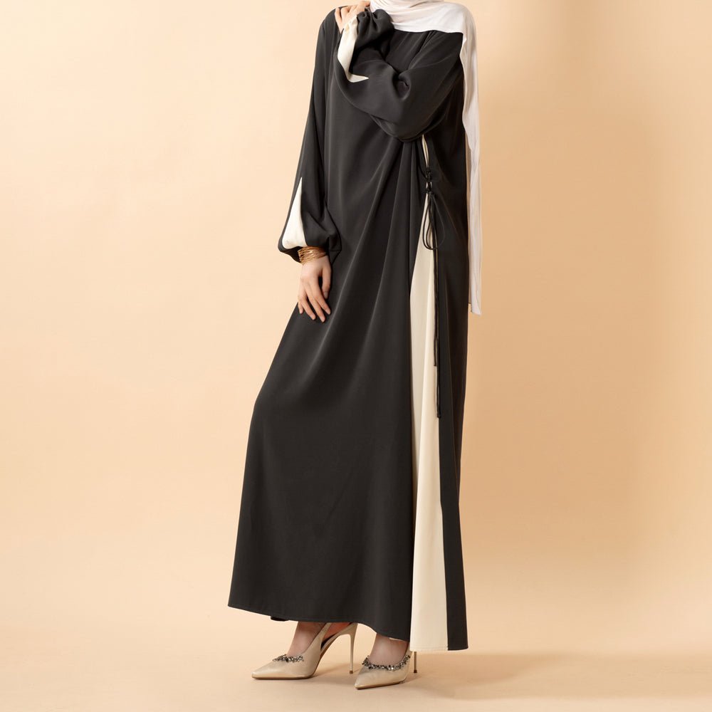 Contrast Panel  Abaya with Drawstring Detail & Balloon Sleeves(MA421)