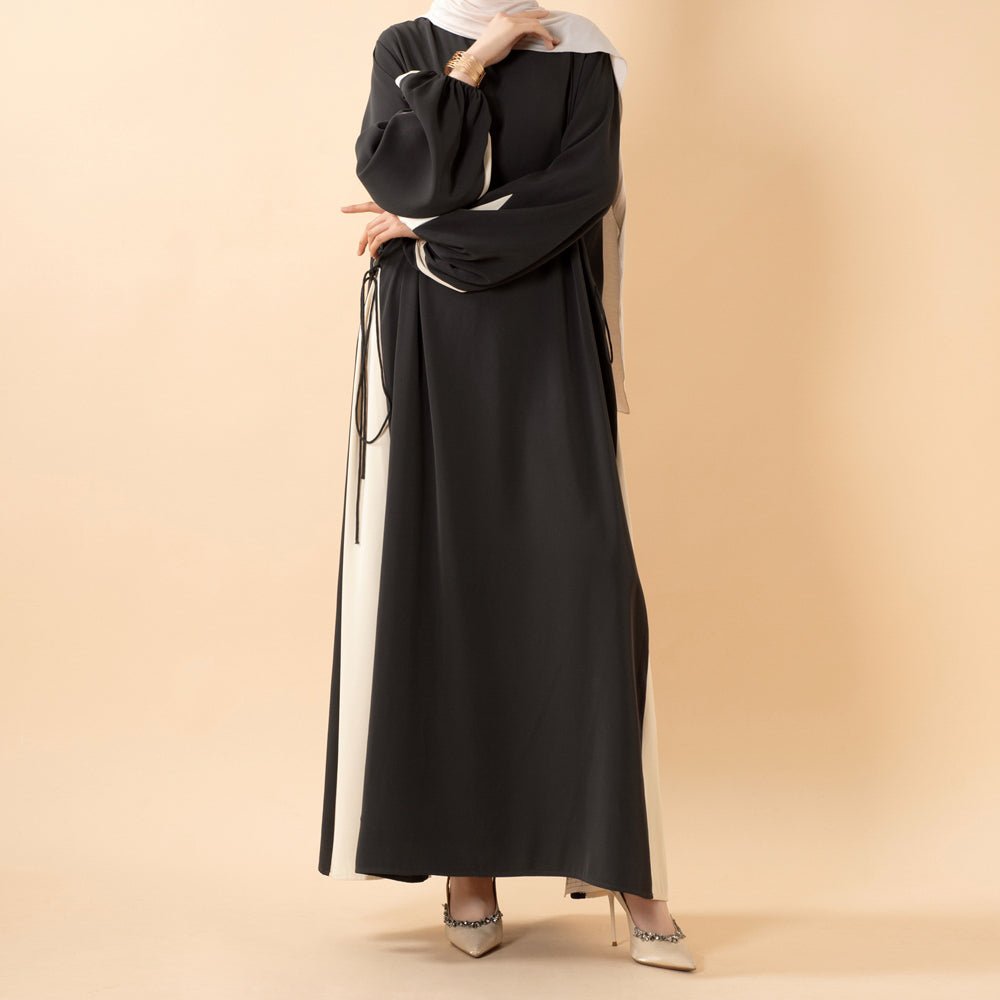 Contrast Panel  Abaya with Drawstring Detail & Balloon Sleeves(MA421)