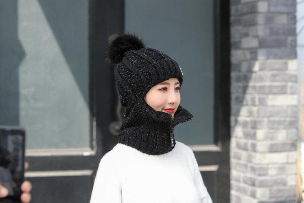 Coral Fleece Winter Women Knitted Hats Add Fur Warm Winter Hats For Women With Zipper Keep Face Warmer Balaclava Pompoms Cap Balaclava Gorgas Bonnet Knitted Hat Windproof Ski Mask Cold Weather Face Mask Motorcycle Balaclava Hood Warmer Winter Sports Cap