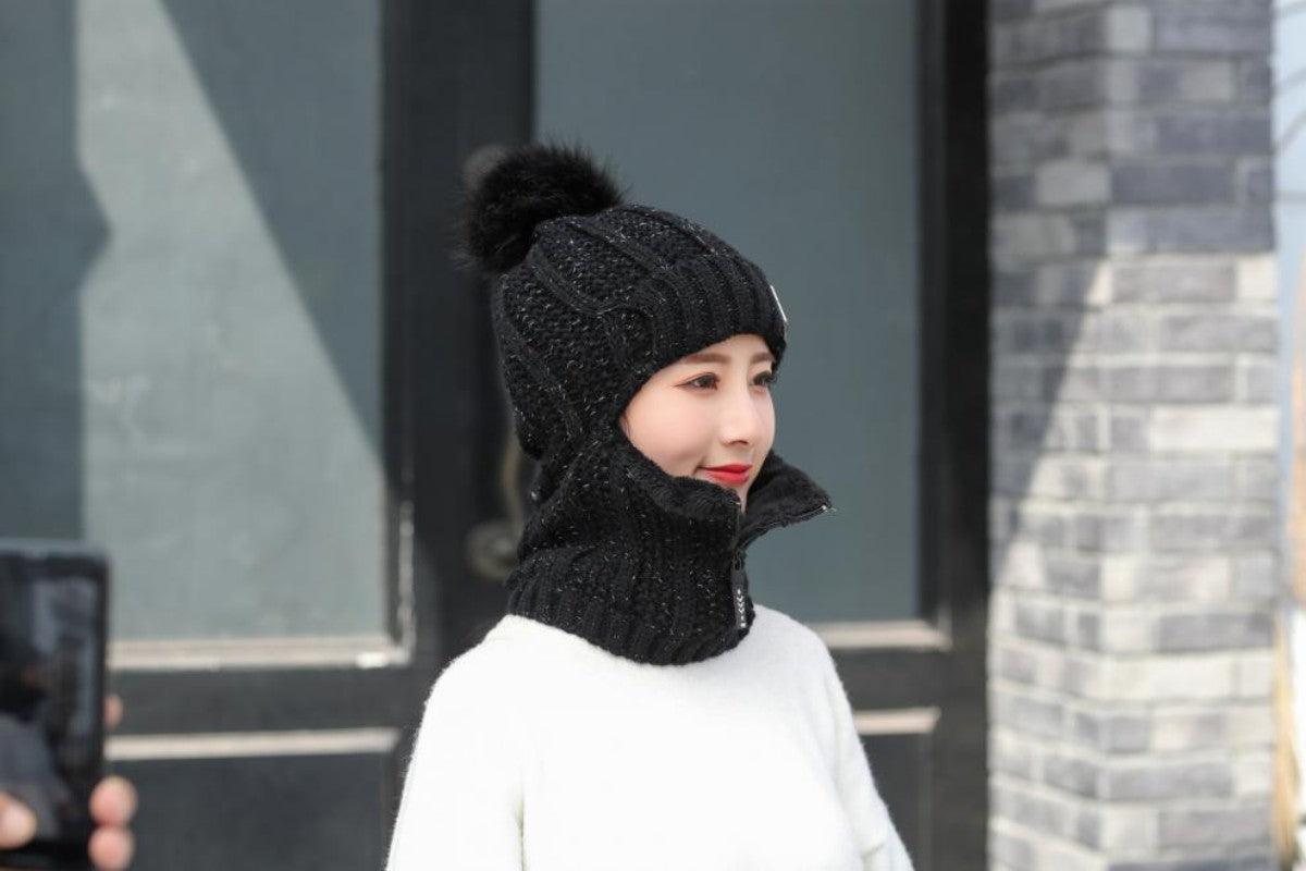 Coral Fleece Winter Women Knitted Hats Add Fur Warm Winter Hats For Women With Zipper Keep Face Warmer Balaclava Pompoms Cap Balaclava Gorgas Bonnet Knitted Hat Windproof Ski Mask Cold Weather Face Mask Motorcycle Balaclava Hood Warmer Winter Sports Cap