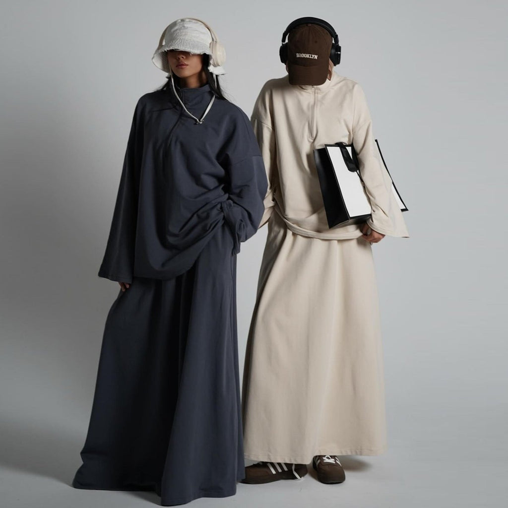 Cotton Half-Zip Top & Maxi Skirt Set(MS441)