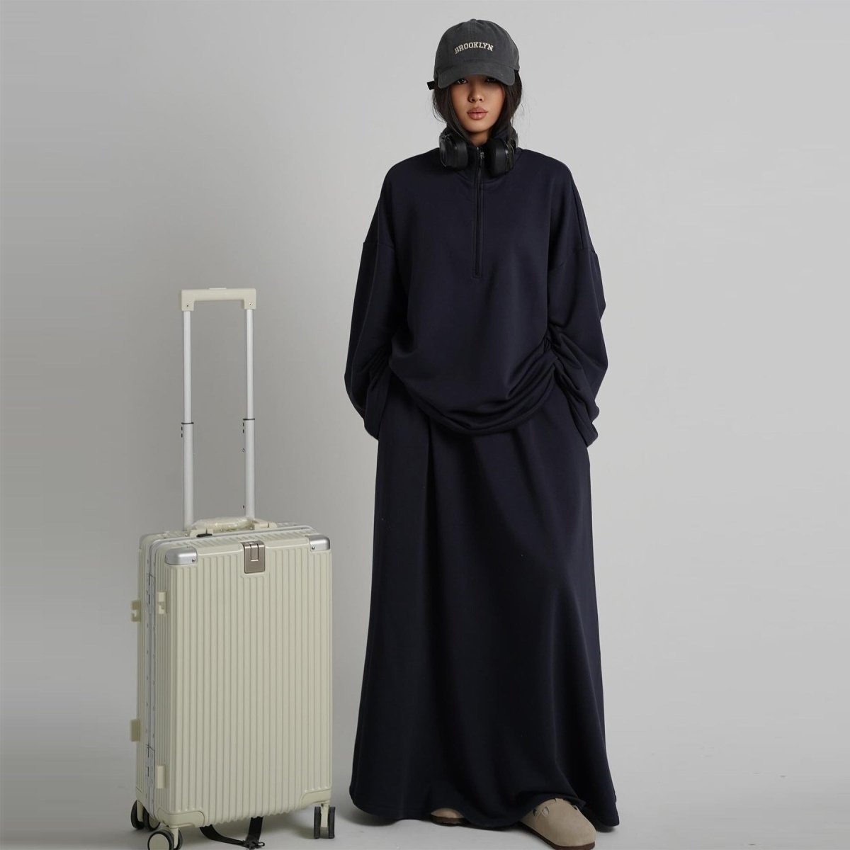 Cotton Half-Zip Top & Maxi Skirt Set(MS441)